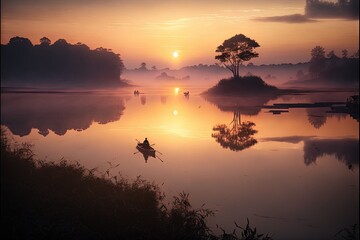  a person in a canoe on a lake at sunset with the sun setting in the distance behind them and a few trees in the foreground, with a few people in the foreground.  generative ai