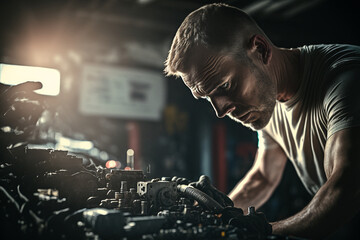 Auto mechanic working in a car repair shop and trying to repair or maintain engine or gearbox service. Nice cinematic lighting, golden hour. Generative AI