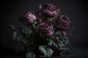 Poster -  a bouquet of purple roses sitting on top of a table next to a plant stem and leaves on a black background with a black background with a black background with a few leaves and a.  generative ai