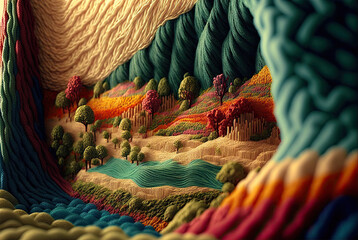 Wall Mural - Landscape of colorful vibrant majestic mountains, rushing river, and rolling hills made from wool, fabric, knitted material, stitching, sewing, crochet, yarn for graphic design and background closeup