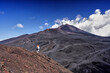 The Vulcano Etna with hiking woman and dog in foreground