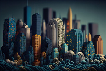 Wall Mural - Blue, Grey, and Tan Skyscrapers, City, Cityscape, Skyline made of fabric, yarn, wool, crochet, knitting for graphic design and background