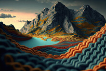 Landscape Of Colorful Vibrant Rolling Hills, Majestic Mountains, And Lake Made From Fabric, Wool, Knitted Material, Stitching, Sewing, Crochet, Yarn For Graphic Design And Background Closeup