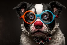 Created With Generative AI Technology. Funny Dog Is Wearing Costume Clown. Fool Day In April Concept