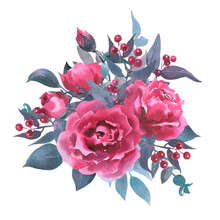 Beautiful Bouquet With Viva Magenta Roses, Buds, Leaves, Eucalyptus, And Red Berries In Vintage Style.  Hand Drawn Pink Vial Clipart Element Isolated On White Background. 