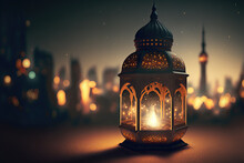 Illuminated Lamp Of Ramadan Kareem. Lantern With Serene Mosque Background. Night Sky With Crescent Moon. Generative AI
