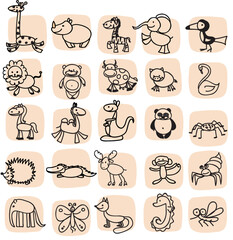 Wall Mural - Set of animal icons Drawing illustration Hand drawn doodle Sketch line vector