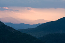 Sunset Over The Foothills Of The Sierra Norte Mountains, Oaxaca, Mexico.