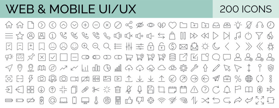 big collection of minimalist and simple uxui web icons. set of 200 editable stroke icons. vector ill