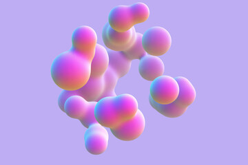 3D abstract liquid bubbles on purple background. Concept of future science: floating morphing spheres, molecular elements or nanoparticles. Fluid pink shapes in motion EPS 10, vector illustration.