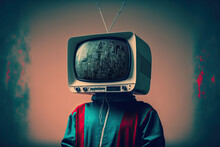 Generative AI Illustration Of A Person With His Head Inside A Television In Vintage Pop Style. Artwork,conceptual.