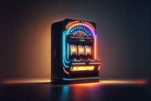 Picture One Neon Shining Casino Slot Machine In An Empty Place In High Resolution, Excellent Quality, Entertainment, Risk, Passion, Turnover Of Huge Sums Of Money, Abstraction, Business. AI