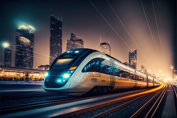 high-speed train at the station and a blurred city in the background, high resolution, high-quality 