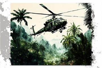 Wall Mural - War helicopter flying over the vietnam jungle. Generative AI