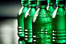 Green Bottles For Mineral Water Standing In Row On Table