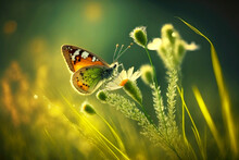 Grass Flower With Beautiful Butterfly On Blurred Green Background