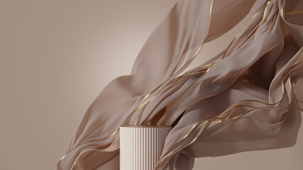 3d background. beige podium, display mockup. luxury brown silk flying cloth in motion. beauty, cosme