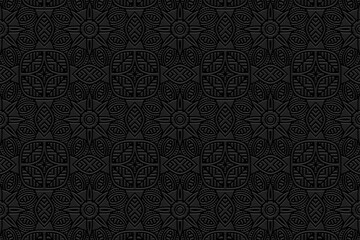 Embossed black background, ethnic cover design. Geometric 3D pattern, press paper. Boho style, art deco, vintage. Tribal creative textures of the peoples of the East, Asia, India, Mexico, Aztecs, Peru