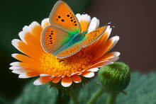 Bright Orange Flower With Green Petals And White Edging Next To Butterfly