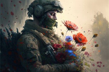 Digital illustration of army soldier with helmet and uniform with flowers. Generative AI