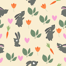 Cute Rabbits, Cute Hares With Carrots, Flowers,  Leaves And Hearts.