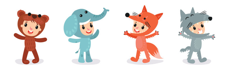 Wall Mural - Cute Kid Characters Wearing Animal Costumes Vector Illustration Set