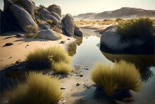 Wide Angle View Pebble And Sand Bay Grass Dunes Rock Pools Floating Islands With Hanging Vines White Grasses Seaweed Dusty Green And Gold Muted Colours Cinematic Light Unreal Engine Hyper Realistic 