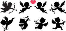 Сupid Icon Set. Love And Valentine's Day Symbol.  Isolated Vector Black Silhouette Image. Cupid Shooting Arrow.
