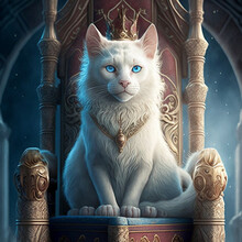 White Cat With, Blue Eyes, With Crown Of King On Throne, Generative Ai