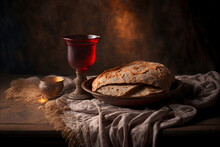 Chalice Of Wine With A Piece Of Bread On A Lord's Supper Table, Wine, Bread, Supper, Christ.
