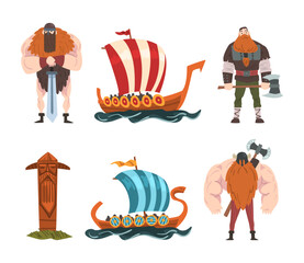 Poster - Viking Male Character with Weapons and Drakkar Ship or Boat Vector Set