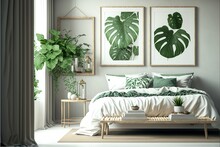 Scandi Interior Background, White And Green Room With Natural Concept And Images Of Monsteras On The Wall, Model Of A Home. 