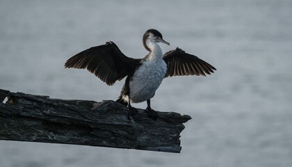 Black white common shag Australian pied cormorant with open wings sitting on tree branch in Aramoana Otago New Zealand