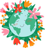 Fototapeta Zachód słońca - Happy earth with flowers flat icon Planet protection