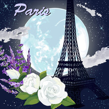 Eiffel Tower On The Background Of The Moon.Vector Illustration With The Eiffel Tower And A Bouquet Of Flowers On A Colored Background With A Blue Moon And Stars.