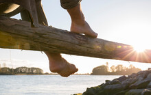 Feet Balancing On Log Above River At Sunrise