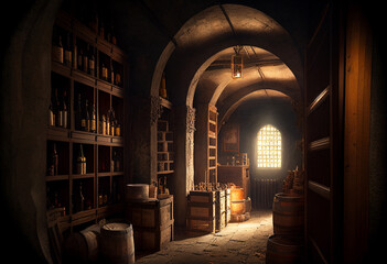 Wine cellar. Barrels and bottles of wine..