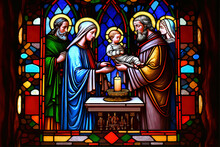 Stained Glass Depicting The Presentation Of Jesus In The Temple, Simeon And Anna The Prophetess Meet Jesus, Whom His Parents Brought To The Temple. Candlemas Day.