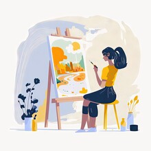 A Woman Painting A Picture At A Art Class Illustration