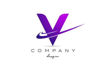 Poster - V purple alphabet letter logo with double swoosh. Corporate creative template design for business and company