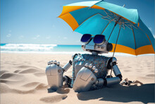 Small Cute Robot Taking Shade In A Beach 