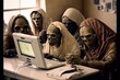 © tookitook - Group of mummies working on computers in the office, new technology in ancient world, created with Generative AI technology