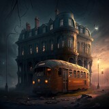 Fototapeta Londyn - Gloomy fantasy old house scene at night with an old bus standing by. scary, calm and gloomy mood - AI generated