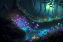 Ai Generated. Magic Nature Glowing In The Dark. Mysterious Enchanted Forest Concept At Night. Purple Bioluminescent Plants On The River Bank Growing On The Jungle Path Between The Water And The Land.