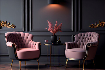 Wall Mural - Large master living room in dark black gray colors. Rose pink set of chairs and gold table. Background blank wall blank for wallpaper or paintings. Luxury lounge or reception. Generative AI