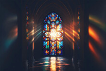 Beautiful Vibrant Stained Glass Window Of The Cathedral With Piercing Rays Of Bright Sunlight Shining In The Aisle, Church, Catholic Generative Ai 