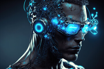 Poster - Cyborg portrait, fictional man with tech vision and artificial intelligence, generative AI.