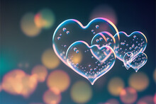 Heart Shaped Soap Bubbles On Blurred Bokeh Background.  Abstract Illustration Of Love, Sex, Wedding, Valentine's Day