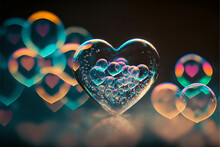 Heart Shaped Soap Bubbles On Blurred Bokeh Background.  Abstract Illustration Of Love, Sex, Wedding, Valentine's Day