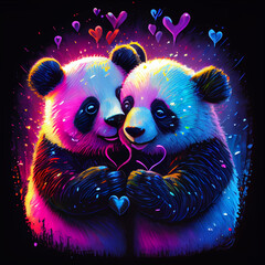 Couple of elderly multicolored pandas with hearts. AI generative.